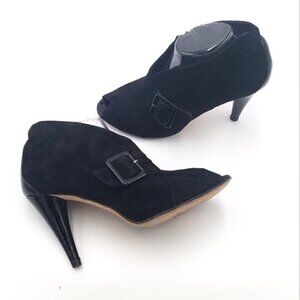 Vaneli Suede Patent Leather Bootie Peep Toe Buckle